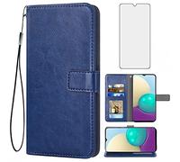 Asuwish Funda para Samsung Galaxy A22 5G con Cristal Templado Protector Pantalla Vidrio Pelicula Protectora Libro Cuero Piel Tarjetero Soporte A22S A225G A 22 22A G5 Tapa Capa Case Hombre Mujer Azul