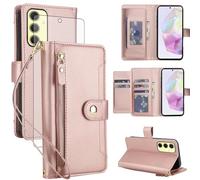 Asuwish Funda para Samsung Galaxy A55 5G funda con lámina protectora RFID tarjetero plegable piel flores monedero soporte A 55 55A A555G funda protectora cristal protector teléfono caso oro rosa