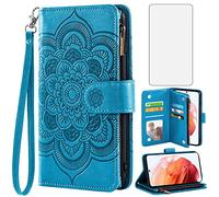 Asuwish Funda para Samsung Galaxy S23 5G con Cristal Templado Protector Pantalla Vidrio Pelicula Protectora Libro Cuero Piel Tarjetero Soporte S 23 23S S23Hülle Tapa Carcasa Protección Capa Case Azul