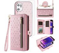 Asuwish Funda para teléfono OPPO Find X5 Pro con cremallera, funda desmontable para celular con protector de pantalla, correa de cordón cruzada, con purpurina brillante, ranuras para tarjetas de