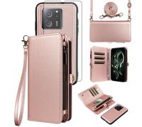 Asuwish Funda para Xiaomi 13T/13T Pro 5G, funda con banda de lámina protectora de pantalla, tarjetero, plegable, piel, flores, monedero, soporte, Redmi K60 Ultra/Mi 13 T T13 13TPro, color oro rosa