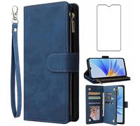 Asuwish Funda tipo cartera compatible con Oppo A17 y protector de pantalla de vidrio templado, funda de piel con tapa para tarjetas, soporte para celular, accesorios para celulares, fundas protectoras