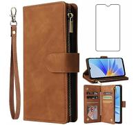 Asuwish Funda tipo cartera compatible con Oppo A17 y protector de pantalla de vidrio templado, funda de piel con tapa para tarjetas, soporte para celular, accesorios para celulares, fundas protectoras