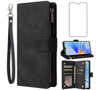 Asuwish Funda tipo cartera compatible con Oppo A17 y protector de pantalla de vidrio templado, funda de piel con tapa para tarjetas, soporte para celular, accesorios para celulares, fundas protectoras