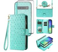 Asuwish Funda tipo cartera compatible con Samsung Galaxy S10 Plus con cremallera y protector de pantalla, correa cruzada, tarjetero con purpurina, funda para teléfono para S10+, S10plus, 10S Edge, S