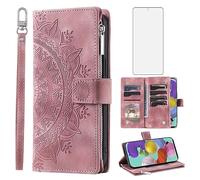 Asuwish Funda tipo cartera para Samsung Galaxy A51 4G, con protector de pantalla de vidrio templado y correa para la muñeca, diseño de mandala, flor, cremallera, tarjetero, celda A 51 M40S 51A A515F