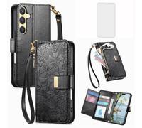 Asuwish Funda tipo cartera para Samsung Galaxy S24/S25 5G con protector de pantalla de vidrio templado y ranura para tarjetero, cremallera y correa de muñeca, accesorios S 24 24S 25 25S SM-S931U para