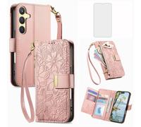 Asuwish Funda tipo cartera para Samsung Galaxy S24/S25 5G con protector de pantalla de vidrio templado y ranura para tarjetero, cremallera y correa de muñeca, accesorios S 24 24S 25 25S SM-S931U para