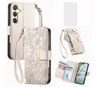 Asuwish Funda tipo cartera para Samsung Galaxy S24/S25 5G con protector de pantalla de vidrio templado y ranura para tarjetero, cremallera y correa de muñeca, accesorios S 24 24S 25 25S SM-S931U para