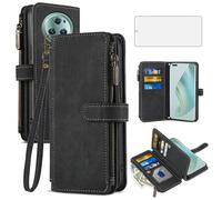 Asuwish Handyhülle für Honor Magic 5 Pro Hülle mit Folie Schutzfolie Kartenfach Klappbar Leder Geldbörse Ständer Huawei Magic5 5Pro 5G Handy Hüllen Schutzhülle Reißverschluss Cover Phone Case Schwarz