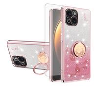 Asuwish Handyhülle für iPhone 15 Hülle mit Glas Folie Schutzfolie und Magnetisch Ring Ständer i Phoenix i-Phone 15hülle Handyhüllen Cover Slim Glitzer Blumen Handy Hüllen Schutzhülle Phone Case Rosa