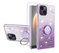 Asuwish Handyhülle für iPhone 15 Hülle mit Glas Folie Schutzfolie und Magnetisch Ring Ständer i Phoenix i-Phone 15hülle Handyhüllen Cover Slim Glitzer Blumen Handy Hüllen Schutzhülle Phone Case Lila