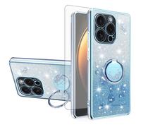 Asuwish Handyhülle für iPhone 15 Pro Hülle mit Glas Folie Schutzfolie und Magnetisch Ring Ständer i-Phone 15Pro i Phoenix Prohülle Cover Slim Glitzer Blumen Handy Hüllen Schutzhülle Phone Case Blau