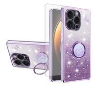 Asuwish Handyhülle für iPhone 15 Pro Max Hülle mit Folie Schutzfolie und Magnetisch Ring Ständer i-Phone 15Pro Promax i Phoenix 15ProMax Slim Glitzer Blumen Handy Hüllen Schutzhülle Phone Case Lila