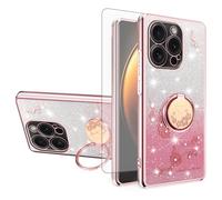 Asuwish Handyhülle für iPhone 15 Pro Max Hülle mit Folie Schutzfolie und Magnetisch Ring Ständer i-Phone 15Pro Promax i Phoenix 15ProMax Slim Glitzer Blumen Handy Hüllen Schutzhülle Phone Case Rosa