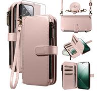 Asuwish Handyhülle für Xiaomi 14 5G Hülle mit Band Folie Schutzfolie Kartenfach Klappbar Leder Geldbörse Ständer Mi 14 Handy Hüllen Schutzhülle Reißverschluss Handyhüllen Wallet Phone Case Rosegold