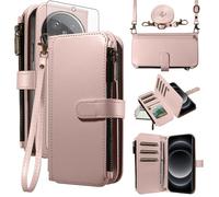 Asuwish Handyhülle für Xiaomi 14 Ultra Hülle mit Band Folie Schutzfolie Kartenfach Klappbar Leder Geldbörse Ständer Mi 14Ultra 5G Handy Hüllen Schutzhülle Reißverschluss Wallet Phone Case Rosegold