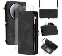 Asuwish Handyhülle für Xiaomi 15 Ultra Hülle mit Band und Folie Schutzfolie RFID Kartenfach Klappbar Leder Blumen Geldbörse Ständer Mi 15Ultra 5G Handy Hüllen Schutzhülle Wallet Phone Case Schwarz