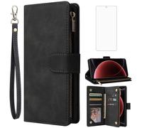 Asuwish Handyhülle für Xiaomi 15 Ultra Hülle mit Folie Schutzfolie und Kartenfach Klappbar Leder Geldbörse Ständer Mi 15Ultra 5G Handy Hüllen Schutzhülle Reißverschluss Handyhüllen Phone Case Schwarz