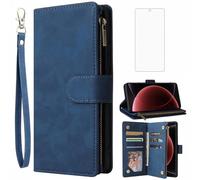 Asuwish Handyhülle für Xiaomi 15 Ultra Hülle mit Folie Schutzfolie und Kartenfach Klappbar Leder Geldbörse Ständer Mi 15Ultra 5G Handy Hüllen Schutzhülle Reißverschluss Handyhüllen Phone Case Blau