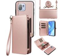 Asuwish Handyhülle für Xiaomi Mi 11 Lite 4G/5G NE Hülle mit Band Folie Schutzfolie Kartenfach Klappbar Leder Blumen Geldbörse Ständer Mi11Lite M11 11Lite Handy Hüllen Schutzhülle Phone Case Rosegold