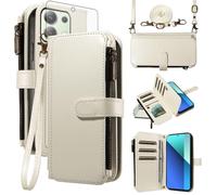 Asuwish Handyhülle für Xiaomi Redmi Note 13 4G Hülle mit Band Folie Schutzfolie Kartenfach Klappbar Leder Geldbörse Ständer Note13 4Ghülle Handy Hüllen Schutzhülle Reißverschluss Phone Case Weiss