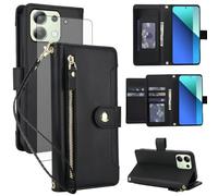 Asuwish Handyhülle für Xiaomi Redmi Note 13 4G Hülle mit Folie Schutzfolie RFID Kartenfach Klappbar Leder Blumen Geldbörse Ständer Note13 4Ghülle Handy Hüllen Schutzhülle Wallet Phone Case Schwarz