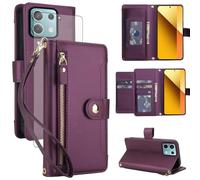 Asuwish Handyhülle für Xiaomi Redmi Note 13 5G Hülle mit Folie Schutzfolie RFID Kartenfach Klappbar Leder Blumen Geldbörse Ständer 135G Handy Hüllen Schutzhülle Reißverschluss Phone Case Dunkellila