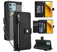 Asuwish Handyhülle für Xiaomi Redmi Note 13 5G Hülle mit Folie Schutzfolie RFID Kartenfach Klappbar Leder Blumen Geldbörse Ständer 135G Handy Hüllen Schutzhülle Reißverschluss Phone Case Schwarz