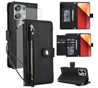 Asuwish Handyhülle für Xiaomi Redmi Note 13 Pro 4G/Poco M6 Pro 4G Hülle mit Schutzfolie RFID Kartenfach Klappbar Leder Blumen Geldbörse Ständer 13Pro M6Pro Handy Hüllen Schutzhülle Phone Case Schwarz