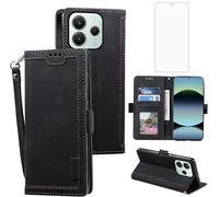 Asuwish Handyhülle für Xiaomi Redmi Note 14 5G Hülle mit Folie Schutzfolie Kartenfach Klappbar Leder Geldbörse Ständer Poco M7 Pro/Note14 G5 Handy Hüllen Schutzhülle Handyhüllen Phone Case Schwarz