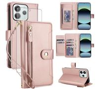 Asuwish Handyhülle für Xiaomi Redmi Note 14 5G Hülle mit Folie Schutzfolie RFID Kartenfach Klappbar Leder Blumen Geldbörse Ständer Poco M7 Pro/Note14 G5 Handy Hüllen Schutzhülle Phone Case Rosegold