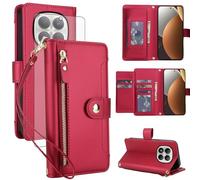 Asuwish Handyhülle für Xiaomi Redmi Note 15 Pro 5G Hülle mit Folie Schutzfolie RFID Kartenfach Klappbar Leder Blumen Geldbörse Ständer 15Pro Pro5G Handy Hüllen Schutzhülle Handyhüllen Phone Case Rot