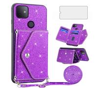 Asuwish T-Mobile Revvl 4 Plus - Funda tipo cartera con protector de pantalla y correa cruzada, cordón con purpurina, tarjetero Tmobile Revel 4+ T Mobile Revvl4+ TCL Revell Four + 4Plus, color morado