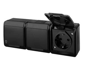 asvendo Elektro HERMES - Interruptor de luz, interruptor doble, enchufe múltiple, protección IP44, resistente al agua, para exteriores, color negro (3 enchufes)