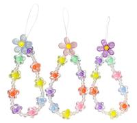 Aswewamt 3 dijes de teléfono de flores hechas a mano para pulsera, correa redonda móvil para llavero, tarjetero, azul, rosa, morado, flor grande, talla única, Plástico, No es una piedra preciosa