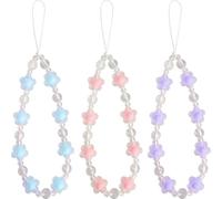 Aswewamt 3 pulseras redondas para teléfono con dijes de flores, hechas a mano, para llavero, tarjetero, color azul, rosa y morado, talla única, Plástico, No es una piedra preciosa