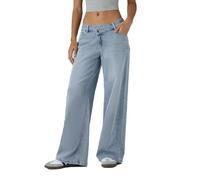 Asymmetrical Low Rise Baggy Jeans for Women, Washed Straight Wide Leg Denim Pants with Pockets Casual Streetwear