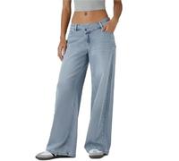 Asymmetrical Low-Rise Loose Jeans for Women, Wide Leg Baggy Straight Boyfriend Denim Pants Washed Casual Streetwear