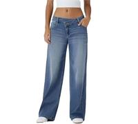 Asymmetrical Low-Rise Loose Jeans for Women, Wide Leg Baggy Straight Boyfriend Denim Pants Washed Casual Streetwear
