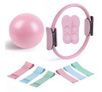 At Home Pilates Kit - Magic Circle Pilates Ring & Ball & 6 Resistance Bands for Toning Arms & Anti-Slip Socks & Action Guide (Pink)