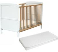 AT4 Cuna de madera ajustable con colchón en madera blanco y haya barnizada