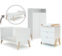 AT4 Set cama bebé, cambiador y armario en madera Blanco y Haya