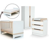 AT4 Set cama bebé, cambiador y armario en madera Blanco y Haya