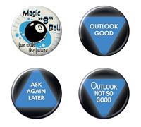 Ata-Boy Magic 8 Ball - Juego de cuatro botones coleccionables de 3,2 cm, Metal, Sin gemas.