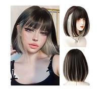 Atado a mano Peluca Bob corta con flequillo, pelucas rectas, cabello rubio reflejos marrones, peluca de fibra sintética resistente al calor aspecto natural for cosplay fiesta diaria Línea del cabello