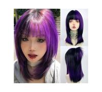 Atado a mano Peluca sintética corta, recta, con flequillo, capas, reflejos morados, negros y verdes Línea del cabello(Purple)