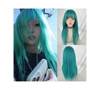 Atado a mano Peluca sintética larga y recta de color azul verdoso for mujer con flequillo, peluca cosplay esponjosa for fiesta Línea del cabello