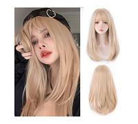 Atado a mano Pelucas rubias con flequillo, pelucas sintéticas residentes de calor natural for mujeres doradas largas y rectas for uso diario en fiestas Línea del cabello