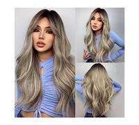 Atado a mano Pelucas rubias marrones for mujer Peluca larga ondulada rubia con raíces oscuras sintética resistente al calor Línea del cabello